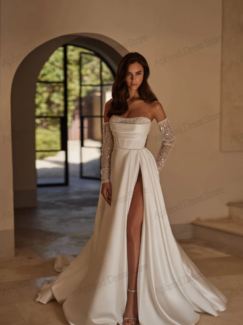 Modern Wedding Dresses A-Line Satin Pleat Bridal Gowns Sequin Appliques Sexy Robes High Slit Sleeveless Vestidos De Novia 2024