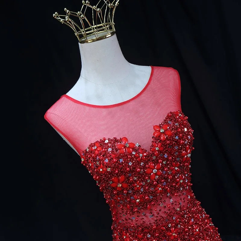 Robe de soirée rouge à strass scintillants, col rond, sirène, robe de soirée, remise de diplôme, célébrité, robes de fête pour femmes