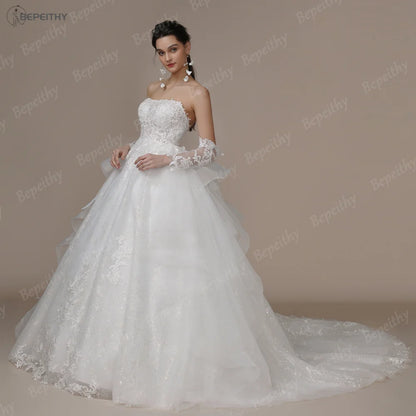 BEPEITHY Strapless A Line Glitter Wedding Dresses For Bride Sweep Train Ruffles Skirt Modern Princess Bridal Gown Ivory 2023 New