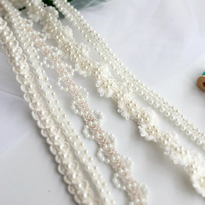 1 Yard White Pearl Beaded Lace Trim Ribbon Fabric Clothes Decoration Wedding Dress Collar Sleeve Lace Applique DIY Crafts