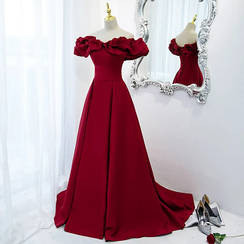 New Evening Dress Elegant Boat Neck Lace Up Floor-Length Off The Shoulder A-Line Burgundy Satin Party Formal Dresses Woman B1540