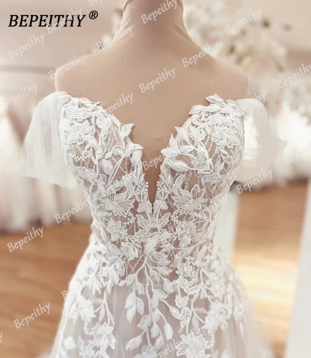 BEPEITHY Romantic A Line Lace Wedding Dresses Sweetheart Sweep Train Short Sleeves Modern Bride Ivory Bridal Gown For Women 2023