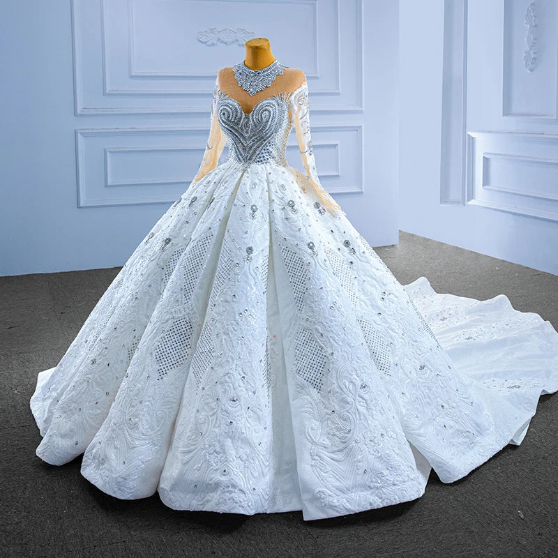 Rms67558 High Neck Ball Gown Waves Bridal Dresses 2022 New Design Puffy Long Train Wedding Gown