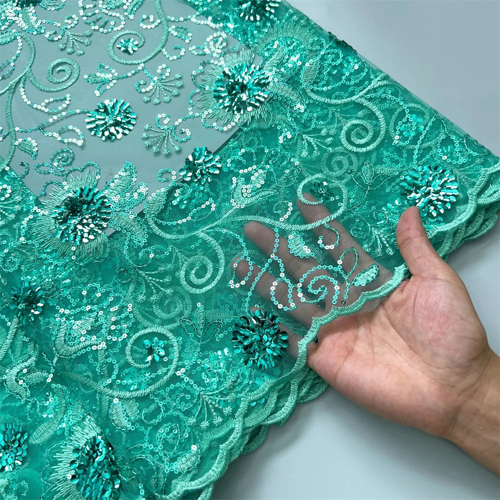 Tissu en dentelle africaine Kalume Tulle vert Tissu en dentelle nigériane de haute qualité Paillettes 2024 5 mètres pour bricolage Coudre robe de mariage F3846