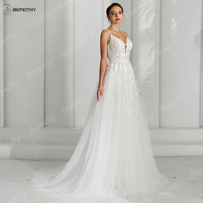 BEPEITHY Sexy Deep V Neck Lace Bride Ivory Wedding Dresses For Women 2024 Sleeveless Sweep Train Boho Beach Wedding Party Gown