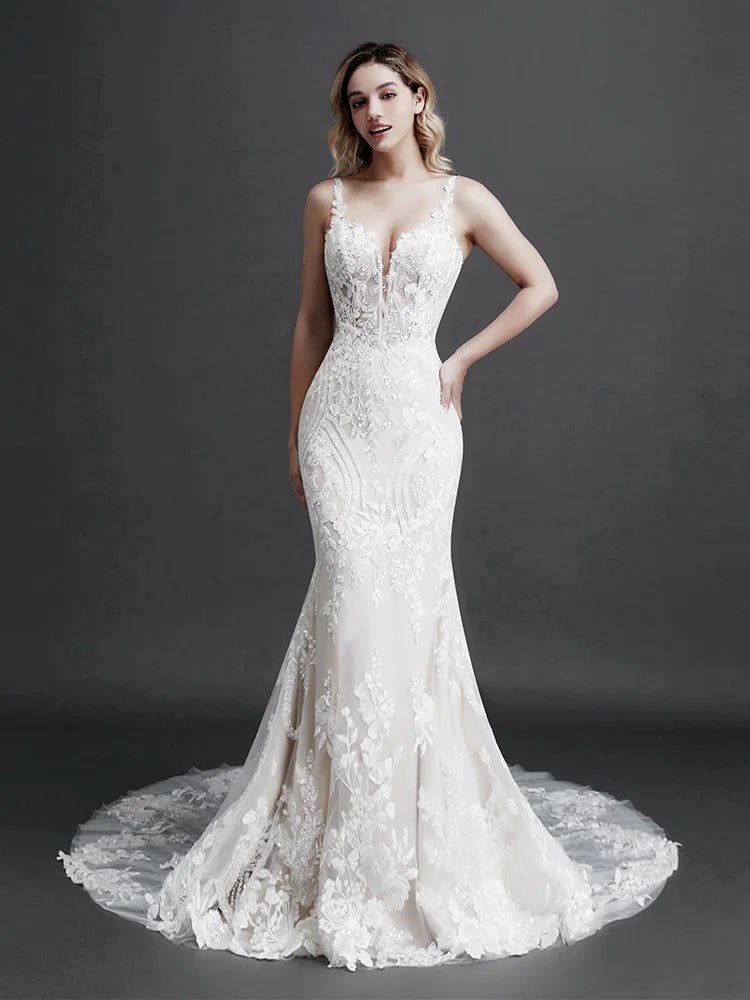 Robe de mariée sirène bohème pour femme, fleurs 3D, appliques de perles, décolleté en V profond, sans manches, dos nu, sexy, slim, ligne A, longues robes