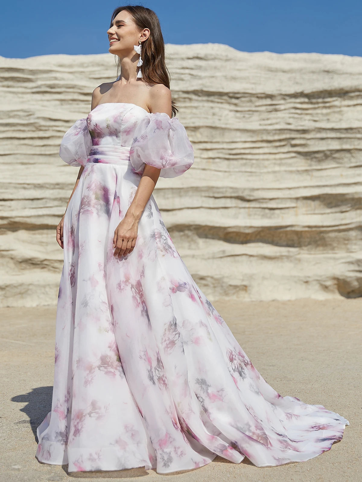 Elegantes vestidos de novia con flores rosas 2024 para mujer, con cordones en la espalda y mangas abullonadas, vestido de fiesta de organza color marfil para jardín