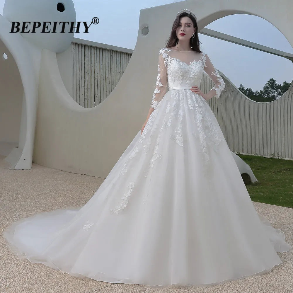 BEPEITHY Princess Lace Wedding Dress Long Sleeves Romantic Open Back Sexy Ball Gown Bride Wedding Gown Bridal For Women 2023