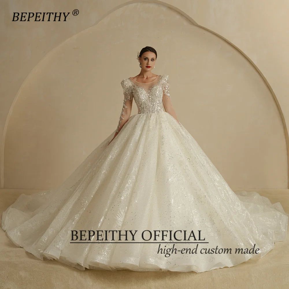 BEPEITHY Exquisite Princess Glitter Wedding Dresses For Women 2022 Bride Ivory Full Sleeves Open Back Shinny Ball Bridal Gowns