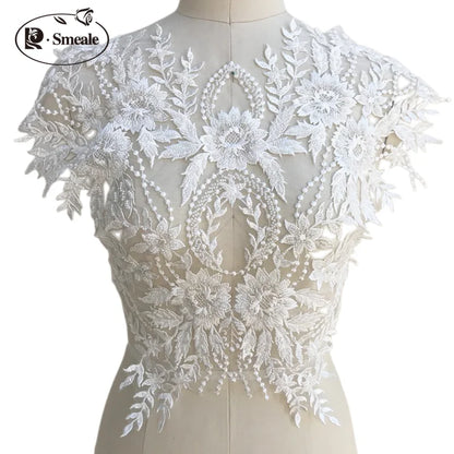 Apliques de encaje francés blanco puro en 3D para vestido de novia, tocado de novia, cuello de encaje blanco marfil, parche de tela de encaje RS1234