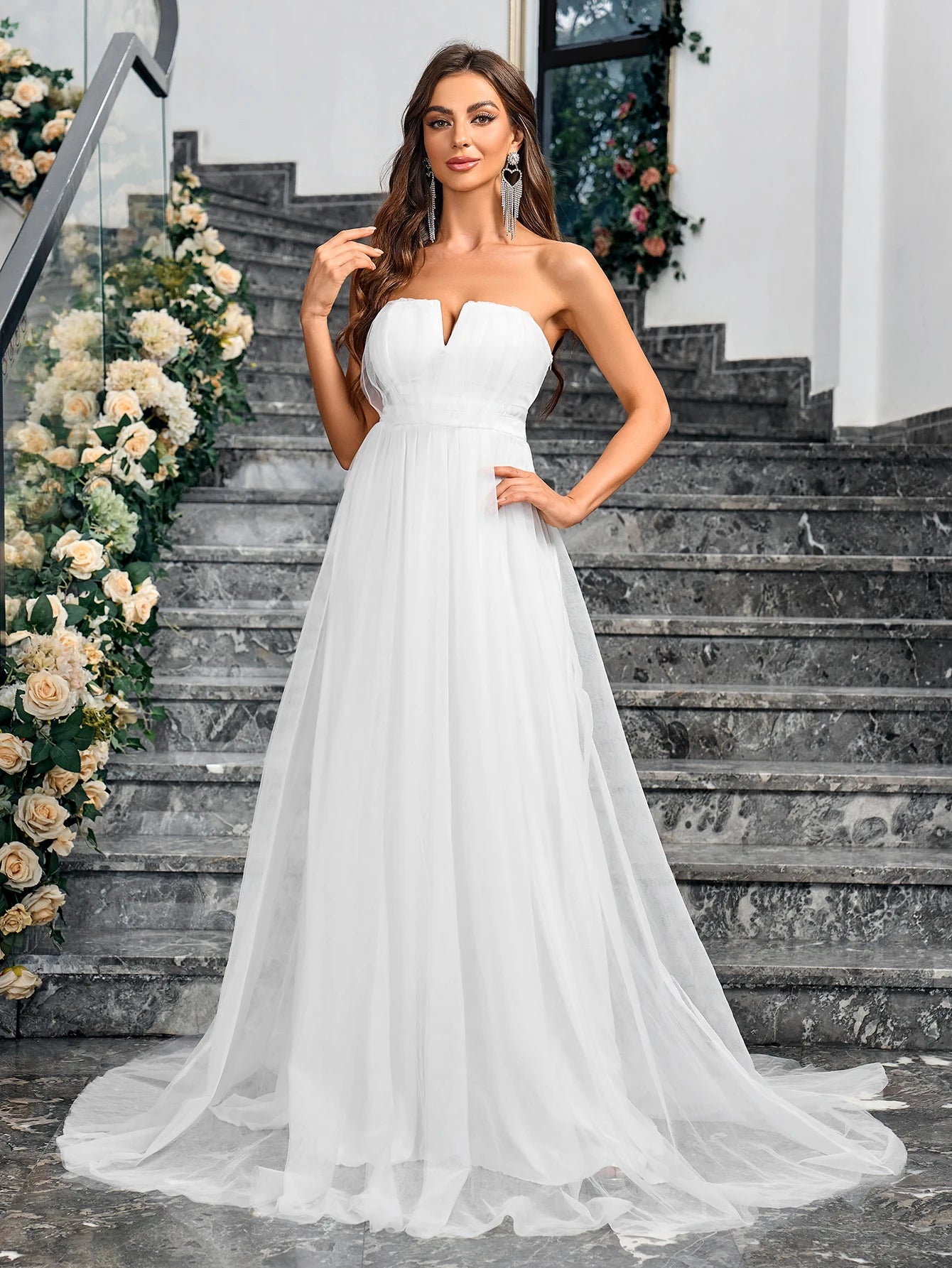 Robe de mariée luxueuse et brillante pour femme, robe de bal douce sans manches à col en V sans bretelles, robe de soirée formelle en organza moelleux