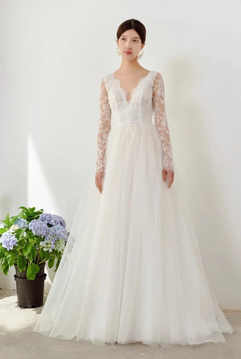 Wedding Dresses strapless Vestido De Noiva Elegant lace A-line long-sleeve plus size V-neck ball gown zipper