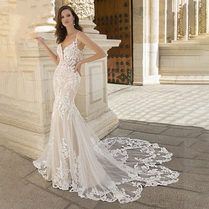 Luxury Mermaid Wedding Dress For Women Lace Appliques V-neck Spaghetti Straps Vestido De Novia Backless Bridal Gown Court Train