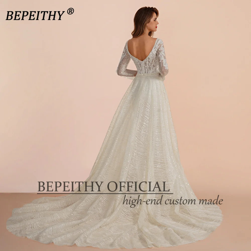 BEPEITHY Ivory Lace Long Evening Dress Formal Occassion With Full Sleeves For Women Square Court Train Party Gown 2023 Hot Sale