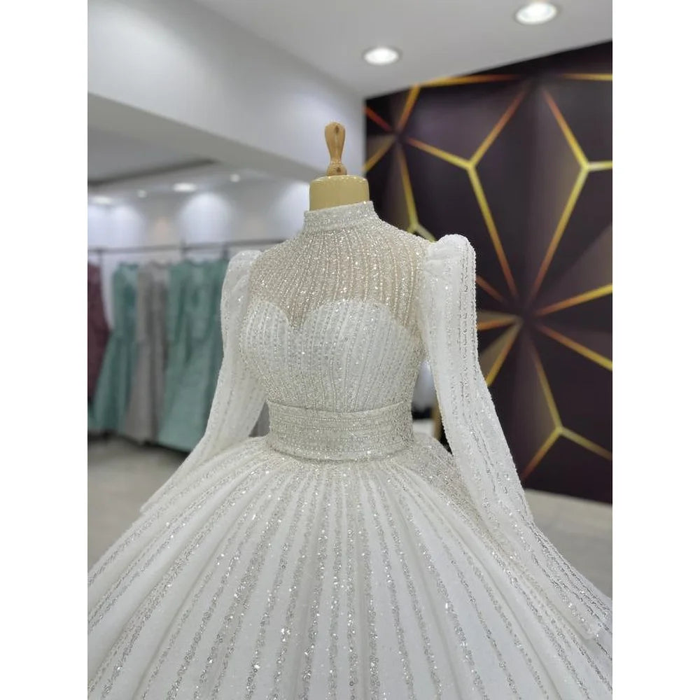 STEVDITG Vestido de novia de lujo con lentejuelas y cuentas, blanco, elegante, cuello alto, mangas largas, vestidos de baile, vestido de novia de cola larga a la moda