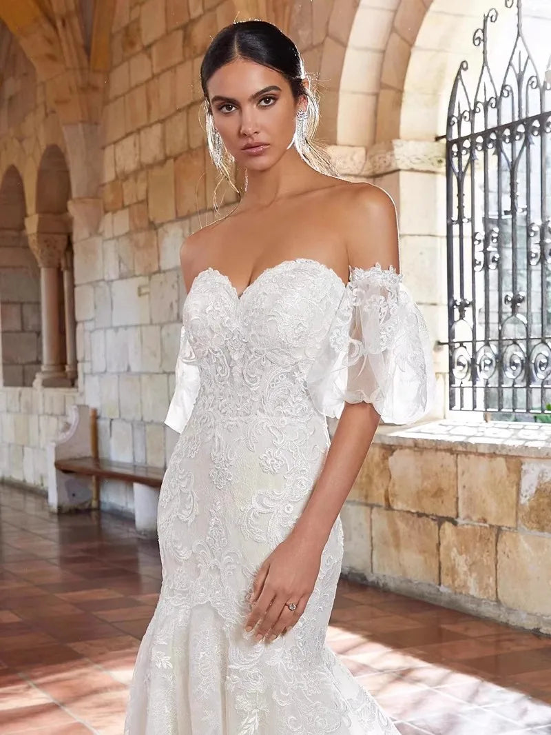 French Wedding Dresses Mermaid Short-sleeves Vestido De Noiva Elegant Lace Appliques Bridal Gown off the shoulder