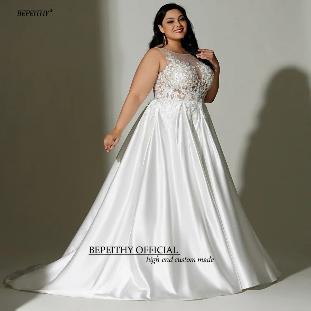 BEPEITHY A Line Ivory Plus Size Satin Wedding Dresses For Women O Neck Sleeveless Sweep Train Sheer Sexy Curve Bridal Gowns