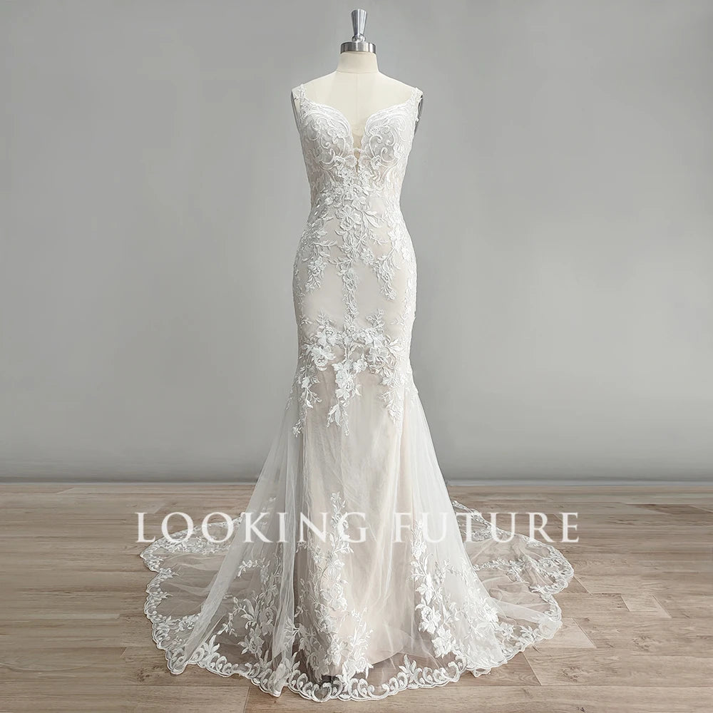 Luxury Mermaid Wedding Dress For Women Lace Appliques V-neck Spaghetti Straps Vestido De Novia Backless Bridal Gown Court Train