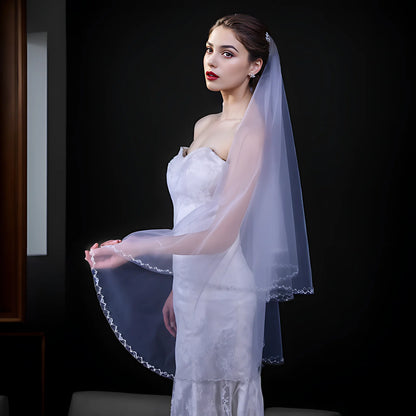 v121 Drop Bridal Veil Crystal Edge Bride Wedding Veil 2 Tier Hip Length Pearls Beaded Wedding Dresses Accessories Cover Face