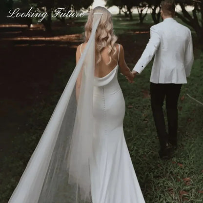 Vestido de novia sencillo de crepé con escote vuelto y sirena para novias, elegante, sin espalda, drapeado, de satén, con tirantes finos, vestidos civiles 2024