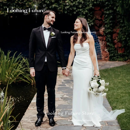 Vestidos de novia sencillos de satén blanco 2024 sin mangas sirena sin espalda con botones vestidos de novia sin tirantes vestido de fiesta hecho a medida