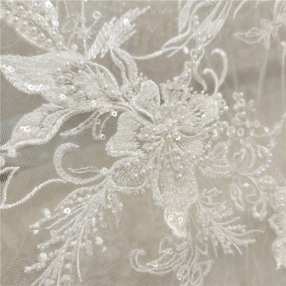 Luxury Pearl Sequin Embroidery Lace Fabric by Meter Flower Embroidered Couture Material For Wedding Dress Veil Costume Cloth