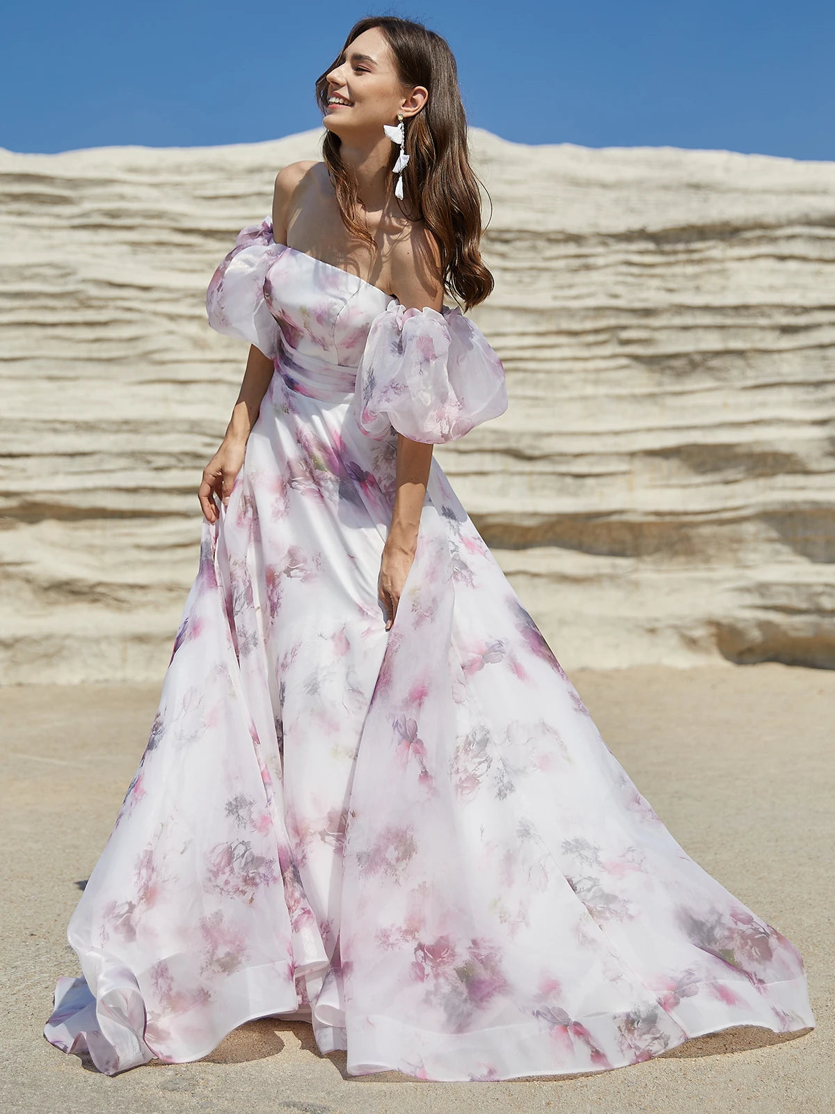 Elegantes vestidos de novia con flores rosas 2024 para mujer, con cordones en la espalda y mangas abullonadas, vestido de fiesta de organza color marfil para jardín