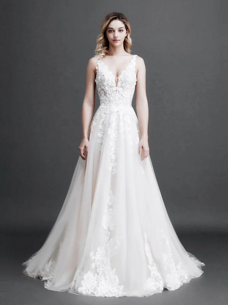 Robe de mariée élégante en dentelle A-Line pour femme, coupe ajustée, col en V, dos nu, robe de mariée, nouvelle collection 2024, robe de soirée avec appliques de fleurs 3D