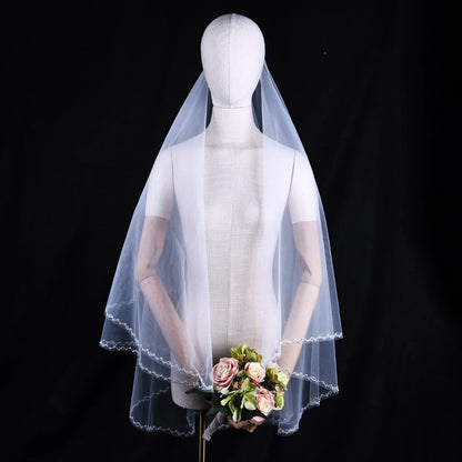 v121 Velo de novia con borde de cristal, velo de novia de 2 niveles hasta la cadera con perlas y cuentas, accesorios para vestidos de novia que cubren la cara