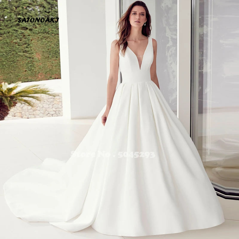 Vestidos De Novia Simple Satin Wedding Dress V-neck Sleeveless Backless Princesa A-line Bridal Gown with Pockets Robe Mariée