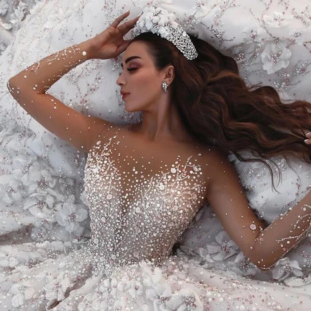 Robe de mariée de luxe en cristal, robe de mariée en dentelle transparente à manches longues, robe de mariée grande taille avec appliques 3D