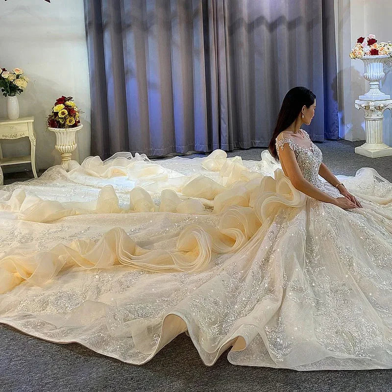 Nouvelles robes de mariée à traîne sans manches à col rond en paillettes et perles, robes de mariée sur mesure, dos nu, pour femmes