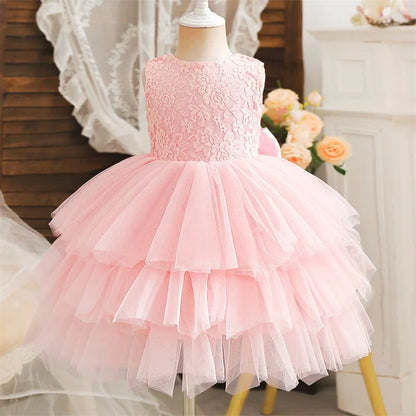 Flower Girl Dresses for Wedding Kids Lace Backless Tulle Tutu  Princess Prom Party Clothes Baby 1st Birthday Baptism White Dress