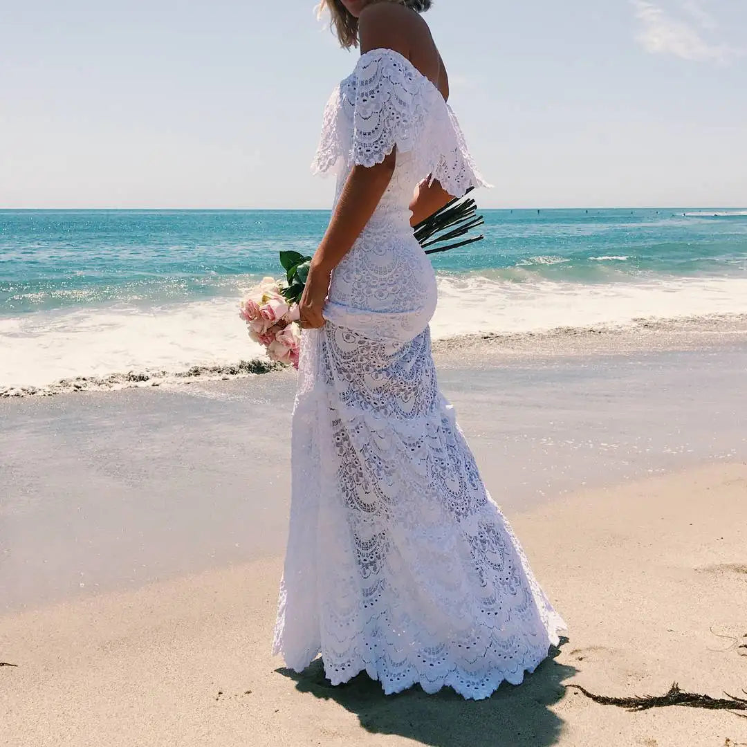 Robe de mariée bohème en dentelle pour femme, épaules dénudées, robe de plage, col en V profond, sans manches, taille haute, été