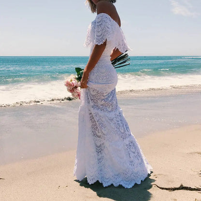 Women's Lace Bohemian Off-the-Shoulder Beach Bridal Wedding Dress Deep V-Neck Sleeveless Wedding Dress High Waist Summer Dress