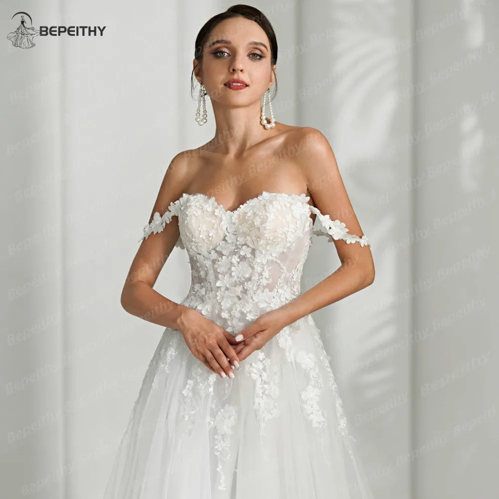 BEPEITHY Sweetheart A Line Ivory Flore Bodice Wedding Dress 2024 Vestidos De Novia Off The Shoulder Beach Boho Bridal Gown New