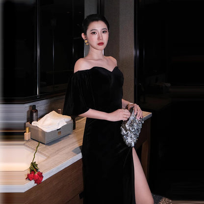 Evening dress Women New wedding Party Dresses Maxi Long Dress Elegant Dress short-sleeve formal dress with black slit dress