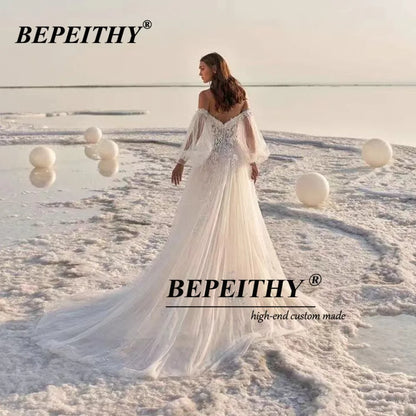 BEPEITHY Boho Wedding Dress Off The Shuolder Vestidos De Novia Long Sleeves Lace Sexy Beach Bridal Gown 2023 Robe De Mariée