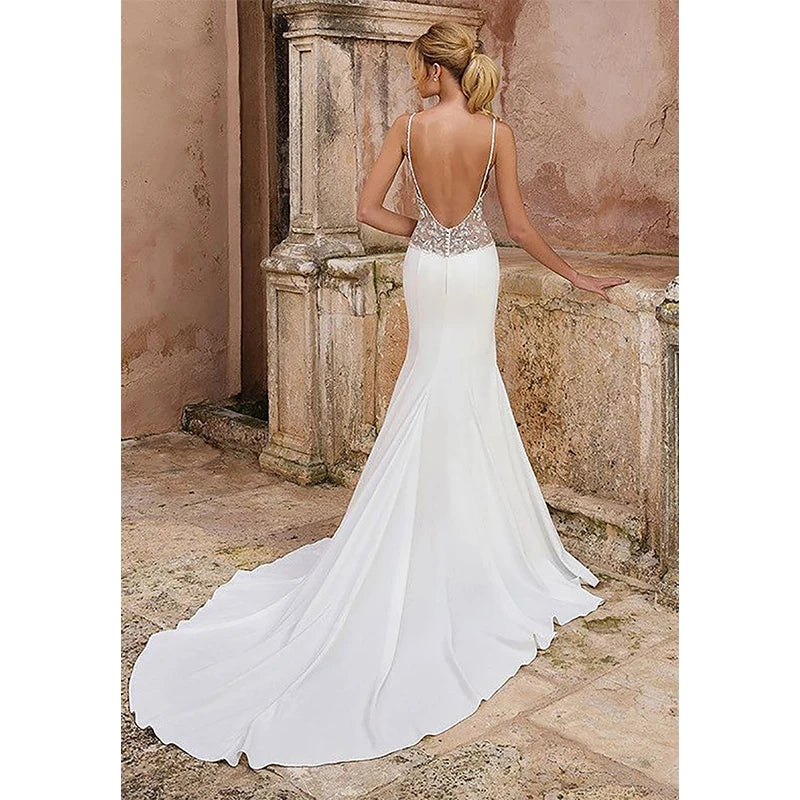 Vestido de novia sencillo de sirena 2024 con tirantes finos y apliques de encaje, escote en V sexy, espalda descubierta, vestido de novia hecho a medida