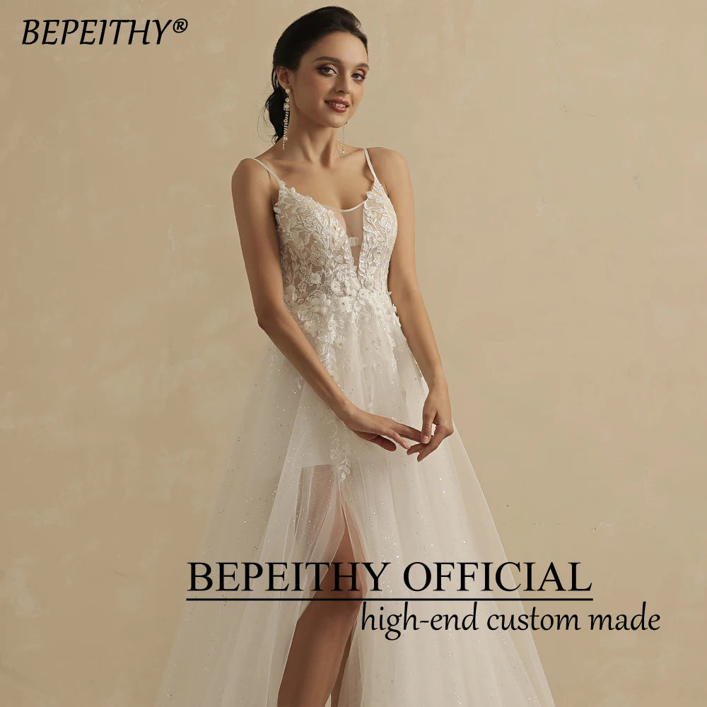 BEPEITHY Light Beach Wedding Dresses High Slit For Women Sexy Deep V Neck Sleeveless Bride Ivory Party Boho Bridal Gown 2023