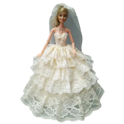 Free Shipping 1 Pcs 4 Layers Full Around Pink Lace Brided Dress for Barbie Doll Wedding Dress