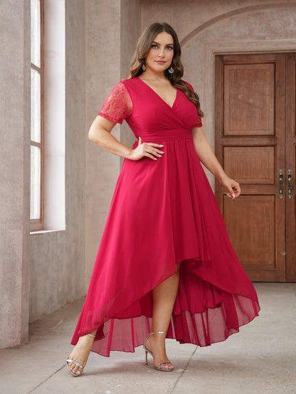 Vestido de novia elegante con escote en V profundo para mujer, de gasa con encaje irregular, manga corta, parte delantera corta y espalda larga, vestido de noche grande