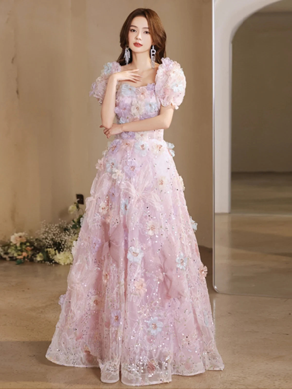 Nuevos vestidos de noche de lujo de corte A con flores de bosque francesas recién llegados 2024, vestido de cuentas con textura de alta gama para fiesta de bodas de mujeres