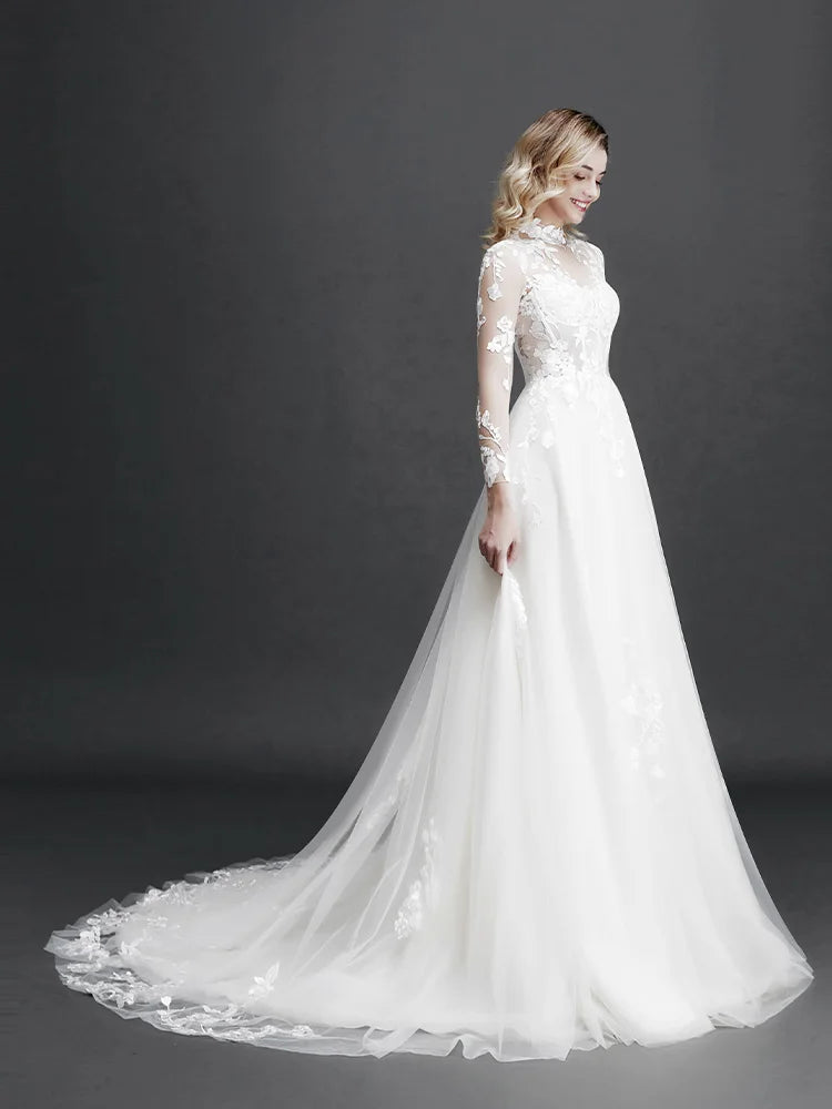 Robe de mariée en dentelle à manches longues pour femme, style bohème rétro, nouvelle collection 2024, fleurs 3D appliquées, robes de soirée élégantes pour bal de fin d'année