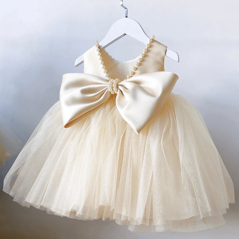 Toddler Baby Girls Dress Bow Baptism Dress for Girls 1 Yrs Birthday Party Wedding Beading Dress Formal Occation Tutu Fluffy Gown