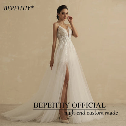 BEPEITHY Light Beach Wedding Dresses High Slit For Women Sexy Deep V Neck Sleeveless Bride Ivory Party Boho Bridal Gown 2023