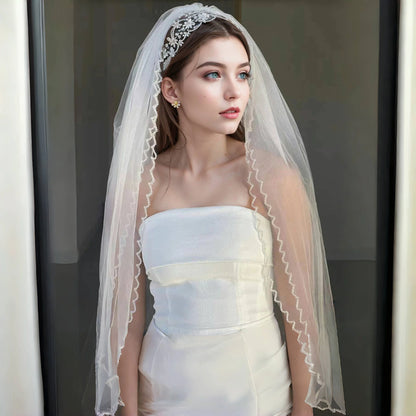 Voile de mariage élégant à 2 niveaux avec bord en cristal, voile de mariée couvrant le devant et le dos des robes de mariée, accessoire en tulle doux v198