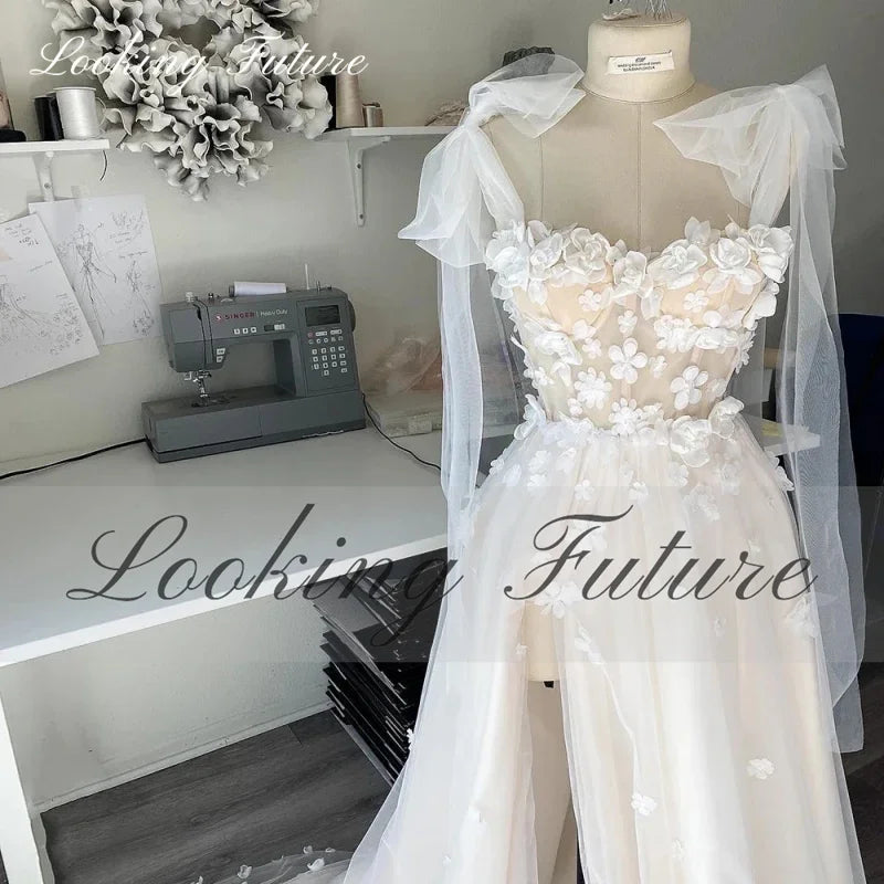 Elegante vestido de novia de tul con encaje y flores 3D, manga larga con lazo, abertura alta, apliques, cola larga, vestido de novia