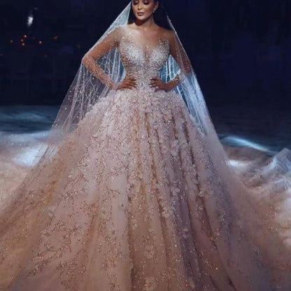 Diseño Dubai real manga larga Apliques de encaje flores de cristal vestido de novia de lujo свадебное платье vestidos de novia