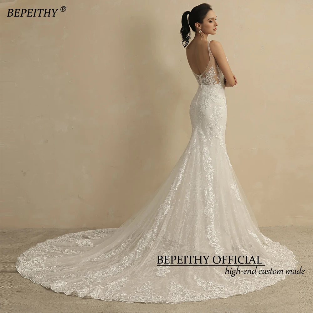 BEPEITHY Real Image Mermaid Lace Wedding Dresses For Women Court Train Sleeveless V Neck Open Back Sexy Vintage Bridal Gown